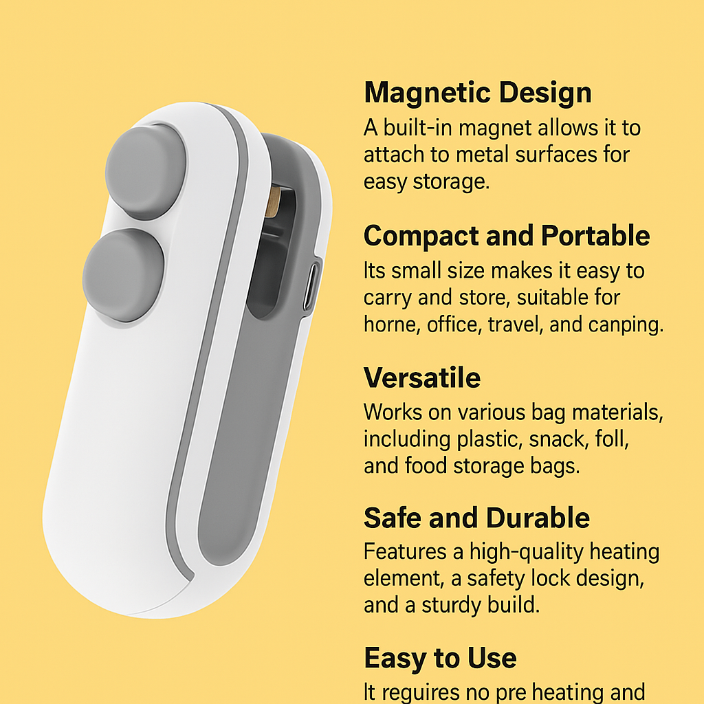 Portable Mini Sealing Machine 2 in 1 USB Rechargeable Magnetic Bag Sealer Heat Seal with Cutter.